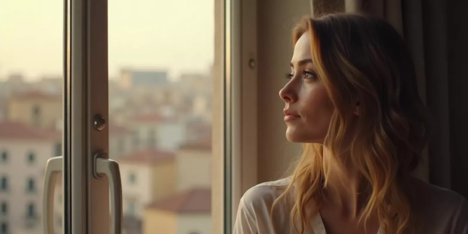 Mujer mirando pensativa por la ventana de un apartamento en Valencia durante un proceso de divorcio