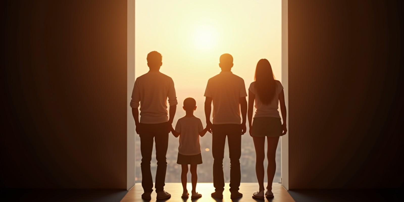 Marlene Ramírez Asesora Inmobiliaria Valencia - Familia unida frente a ventana en Valencia simbolizando acuerdo tras heredar piso con hermanos.