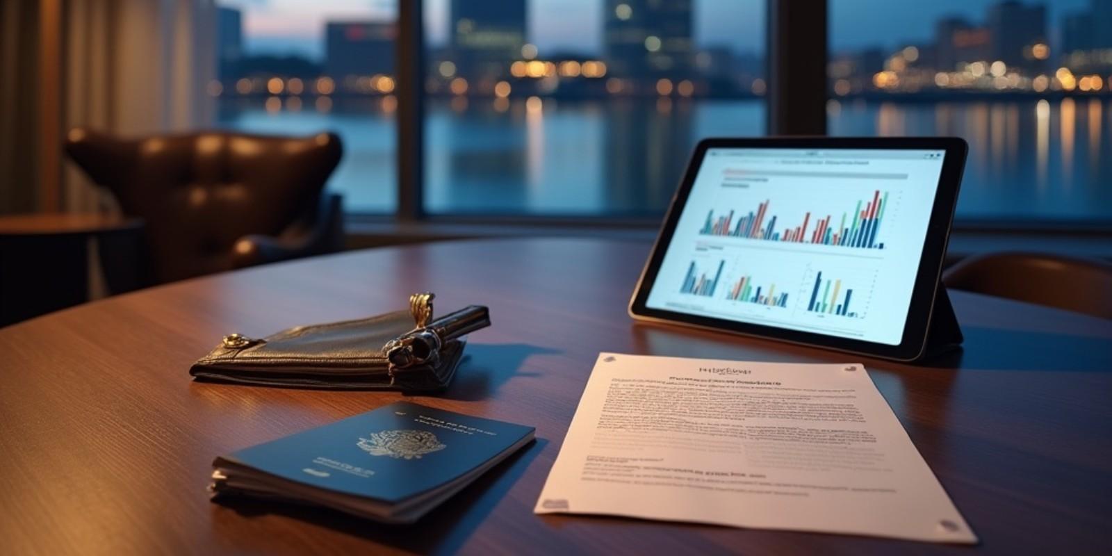 Marlene Ramírez Asesora Inmobiliaria Valencia - Pasaporte y llaves en oficina financiera con vistas a Valencia, simbolizando la aprobación de hipoteca para extranjeros.