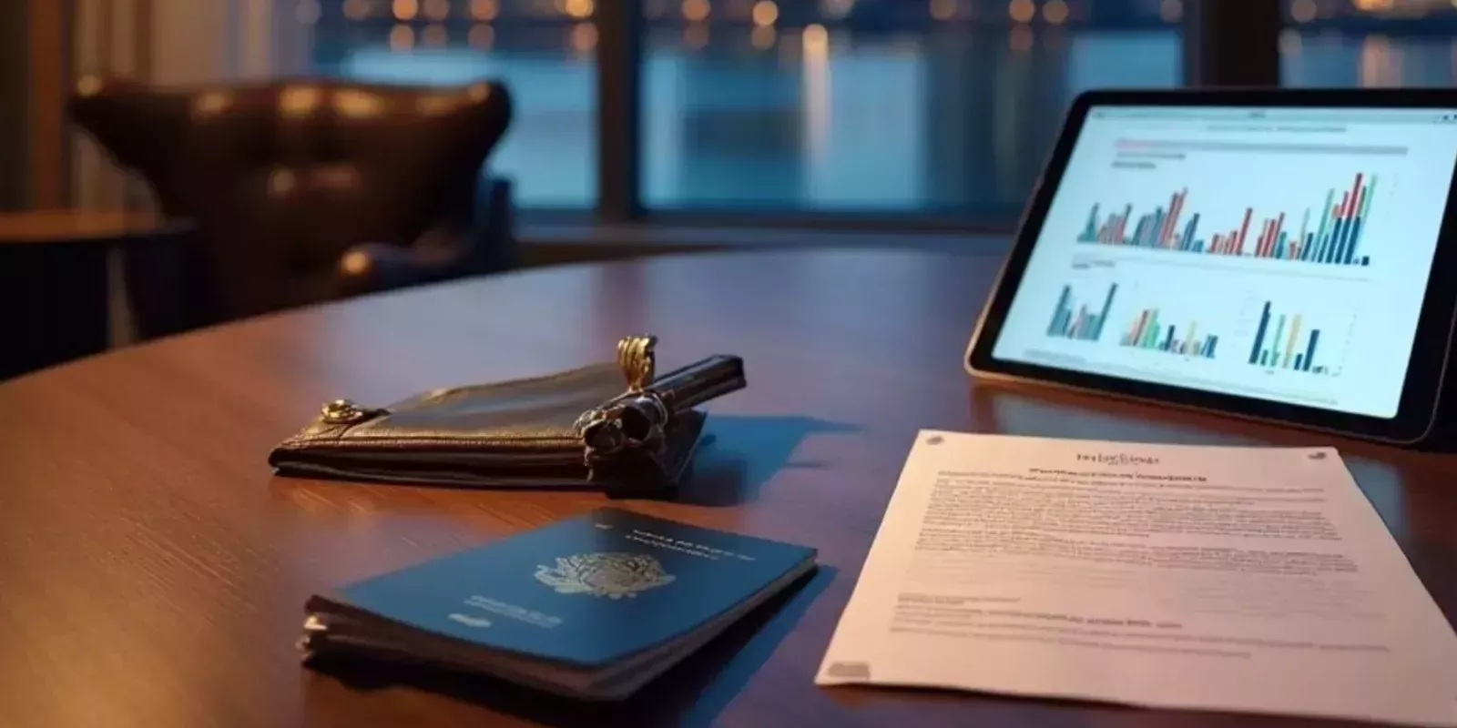 Marlene Ramírez Asesora Inmobiliaria Valencia - Pasaporte y llaves en oficina financiera con vistas a Valencia, simbolizando la aprobación de hipoteca para extranjeros.